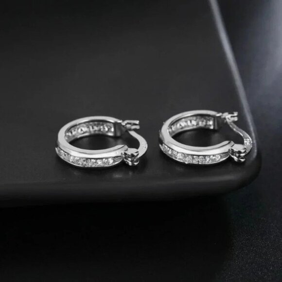 925 Sterling Silver Diamond Huggie Hoop Earrings - Picture 4 of 4